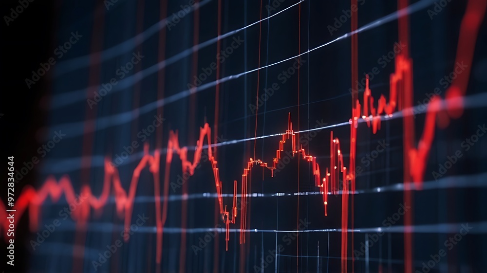 A digital stock market graph with red glowing dots and lines forming an analysis is displayed on a dark blue background A digital stock market graph with red glowing dots and lines forming an analysis is displayed on a dark blue background