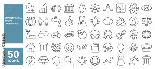 Set of 50 line icons related to environmental social governance, sustainable, climate, responsibility, rights, humanity, economy, performance, social,ecology, esg, Editable stroke. Vector illustration