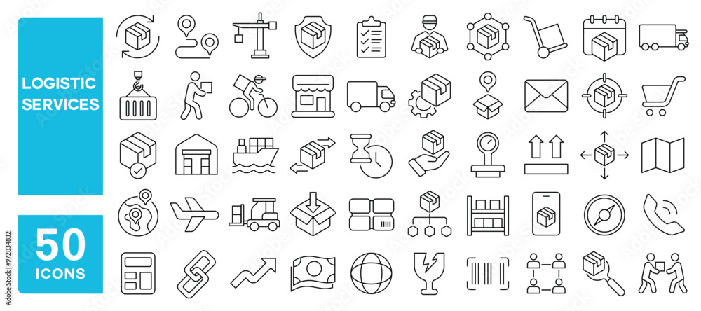 Set of 50 line icons related to logistic services, trading, international, shipping, commerce, truck, delivery, courier, tracking, warehouse, chain, supply, Editable stroke. Vector illustration Set of 50 line icons related to logistic services, trading, international, shipping, commerce, truck, delivery, courier, tracking, warehouse, chain, supply, Editable stroke. Vector illustration