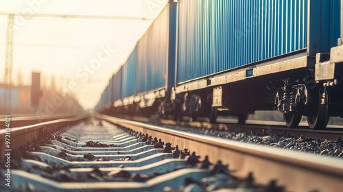 freight train with blue cargo containers on railway tracks photo