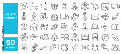 Set of 50 line icons related to logistic services, trading, international, shipping, commerce, truck, delivery, courier, tracking, warehouse, chain, supply, Editable stroke. Vector illustration