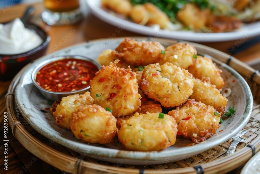 Akara: Fried bean cakes arranged on a plate with a side of chili sauce Akara: Fried bean cakes arranged on a plate with a side of chili sauce