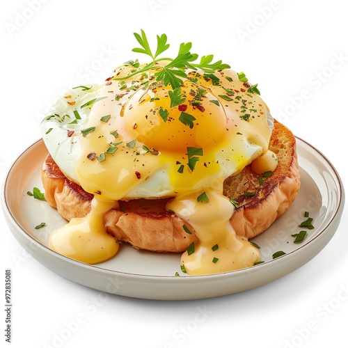 A gourmet eggs benedict, food menu item, photorealistic, with hollandaise sauce, isolated on white background