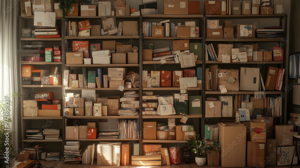 A cluttered room filled with shelves stacked high with various boxes, books, and papers, creating cozy yet chaotic atmosphere. warm light enhances sense of lived in space A cluttered room filled with shelves stacked high with various boxes, books, and papers, creating cozy yet chaotic atmosphere. warm light enhances sense of lived in space