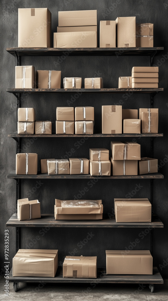 A neatly organized room features multiple shelves filled with various cardboard boxes, showcasing tidy yet busy atmosphere. arrangement highlights simplicity and functionality of storage solutions A neatly organized room features multiple shelves filled with various cardboard boxes, showcasing tidy yet busy atmosphere. arrangement highlights simplicity and functionality of storage solutions