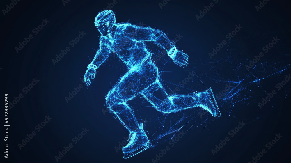 An abstract representation of an ice hockey player, designed with a blue polygonal and low poly wireframe style. The player’s silhouette is rendered in a thin line cybernetic fashion, highlighting dyn An abstract representation of an ice hockey player, designed with a blue polygonal and low poly wireframe style. The player’s silhouette is rendered in a thin line cybernetic fashion, highlighting dyn