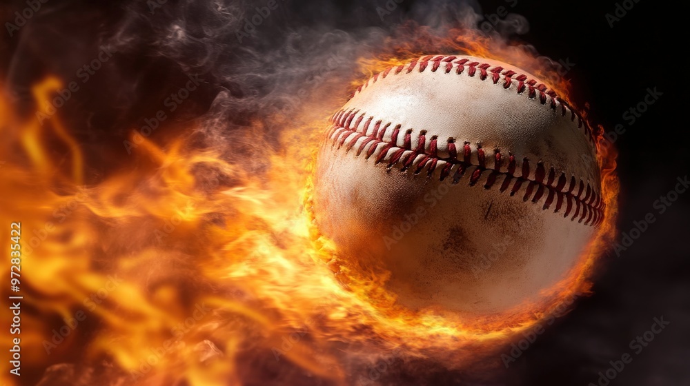 Baseball on fire flying with intense energy Baseball on fire flying with intense energy