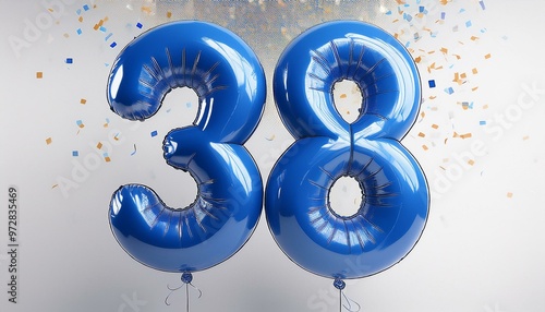 Blue birthday / anniversary balloon, number 38, white background with confetti photo