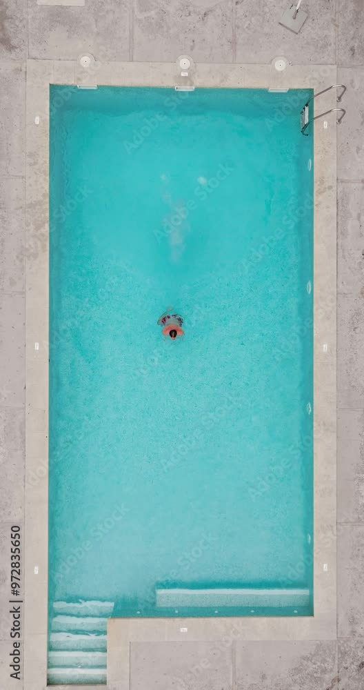 Aerial view as a man dives into the pool and swims, slow motion Aerial view as a man dives into the pool and swims, slow motion