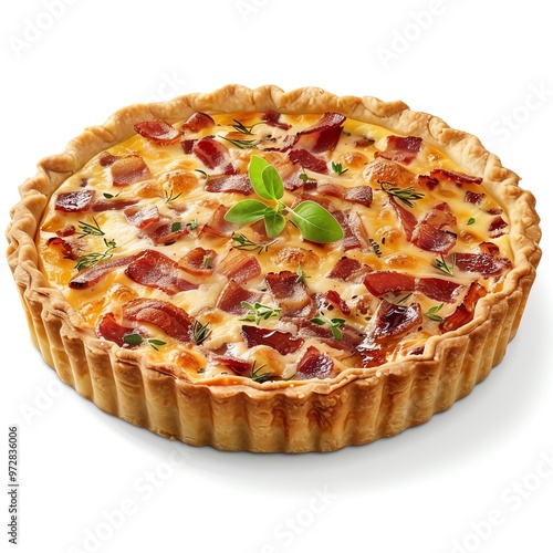 A traditional quiche Lorraine, food menu item, photorealistic, with bacon and cheese, isolated on white background