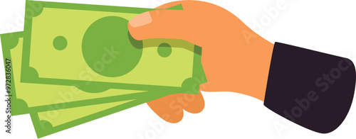 Hand holding fan of green banknotes paying money for goods or services