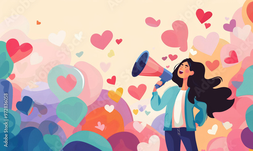 Wallpaper Mural joyful girl holds megaphone while surrounded by vibrant icons and friends depicting communication and positivity in a creative illustration Torontodigital.ca