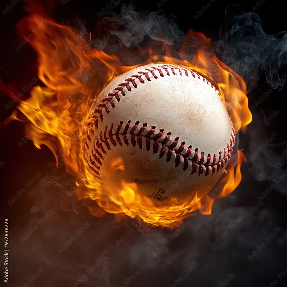 Baseball on fire flying with intense energy Baseball on fire flying with intense energy