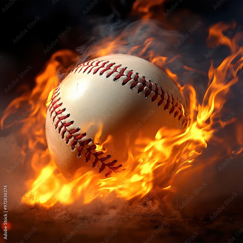 Baseball on fire flying with intense energy Baseball on fire flying with intense energy