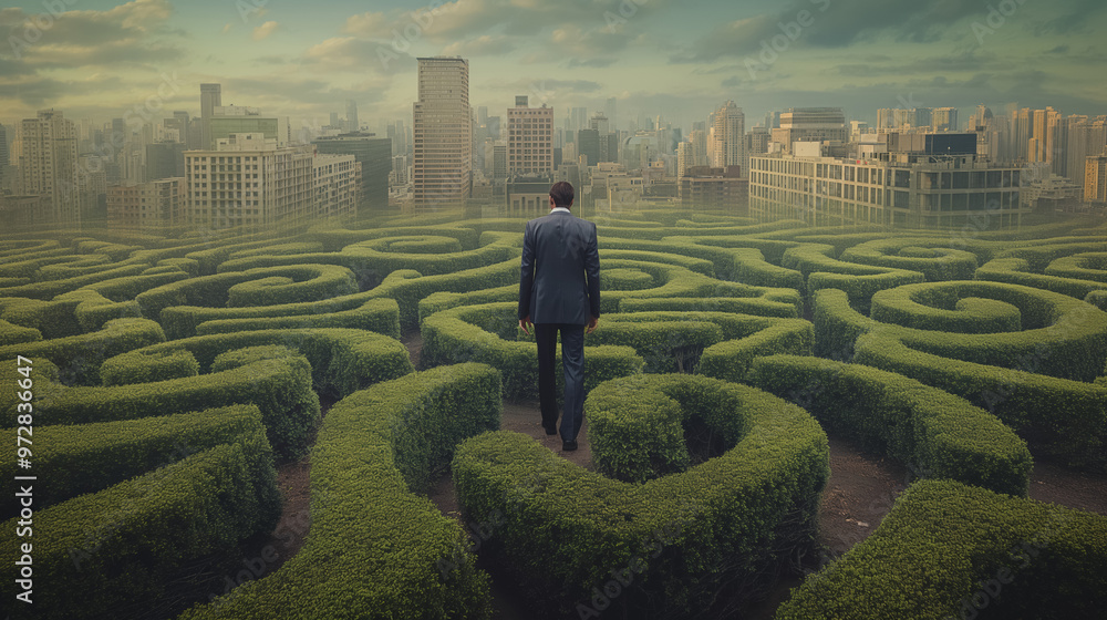 Man in a suit stands at the entrance of a maze of green hedges, with a modern city skyline in the distance, symbolizing the challenges of navigating urban life. Man in a suit stands at the entrance of a maze of green hedges, with a modern city skyline in the distance, symbolizing the challenges of navigating urban life.