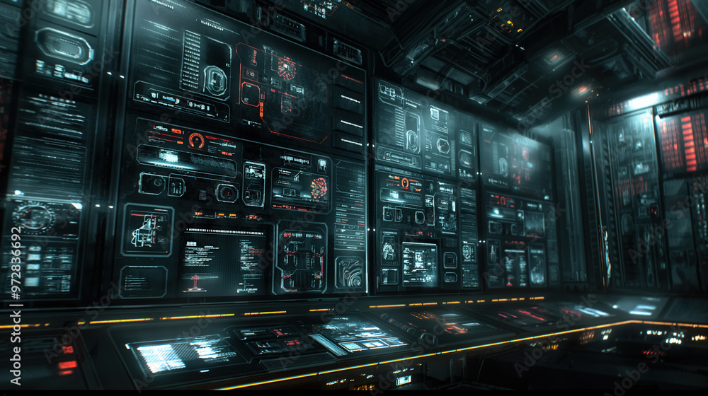 Futuristic control room filled with digital displays and screens, glowing with neon lights and showcasing advanced technology, creating a high-tech, sci-fi atmosphere. Futuristic control room filled with digital displays and screens, glowing with neon lights and showcasing advanced technology, creating a high-tech, sci-fi atmosphere.