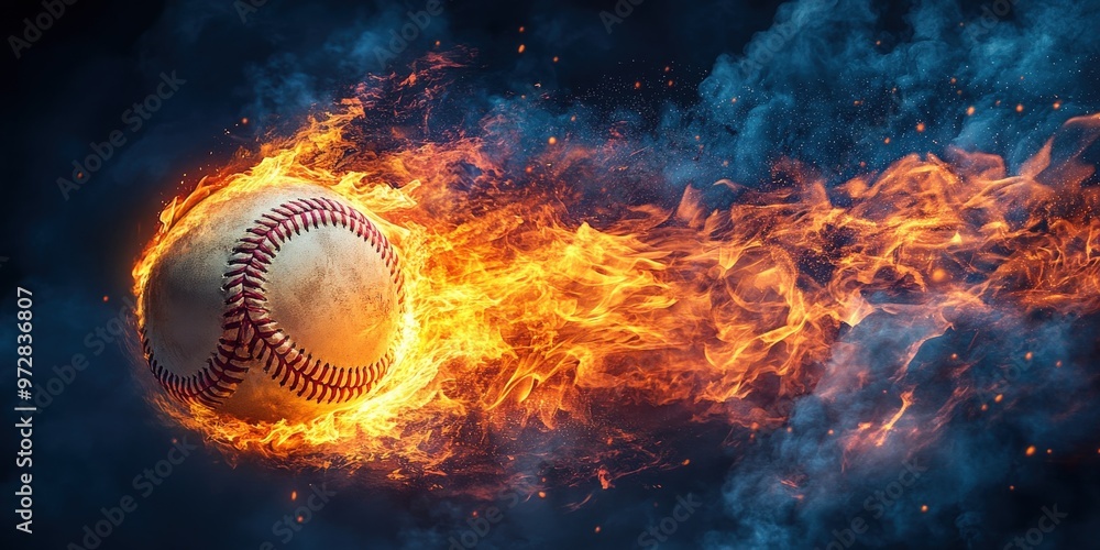 Baseball on fire flying with intense energy Baseball on fire flying with intense energy