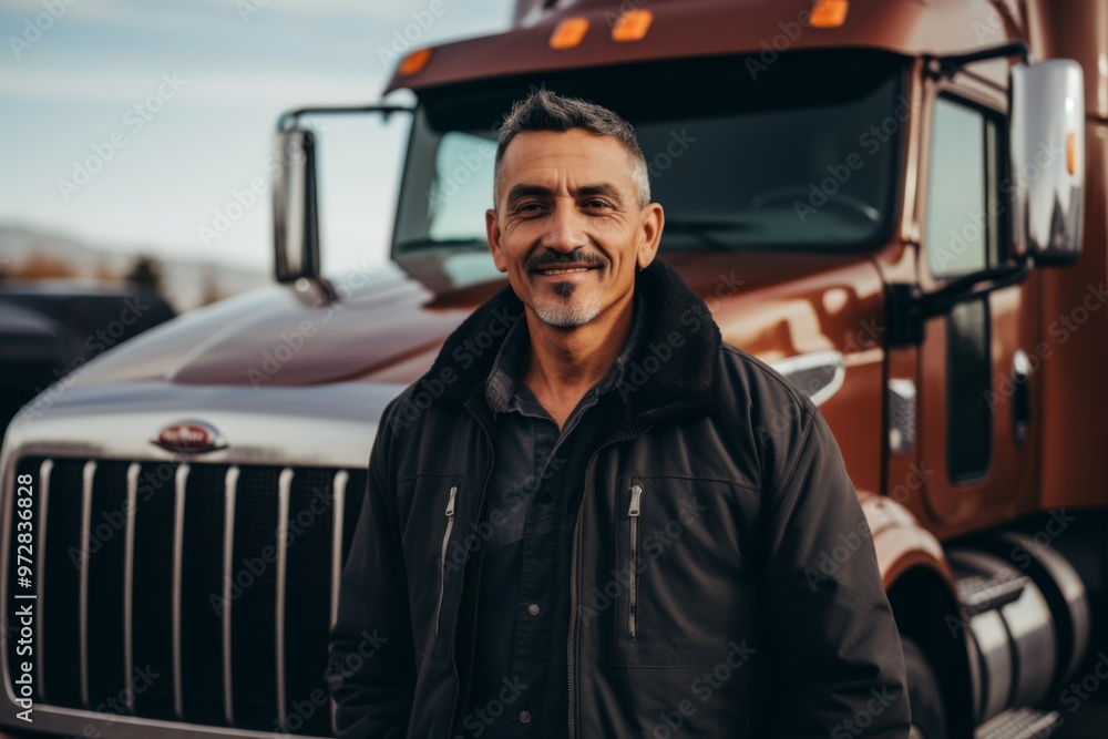 Portrait of a Hispanic middle aged body positive male truck driver Portrait of a Hispanic middle aged body positive male truck driver