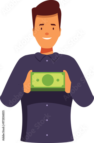 Businessman is holding money with a happy facial expression, depicting financial success and wealth