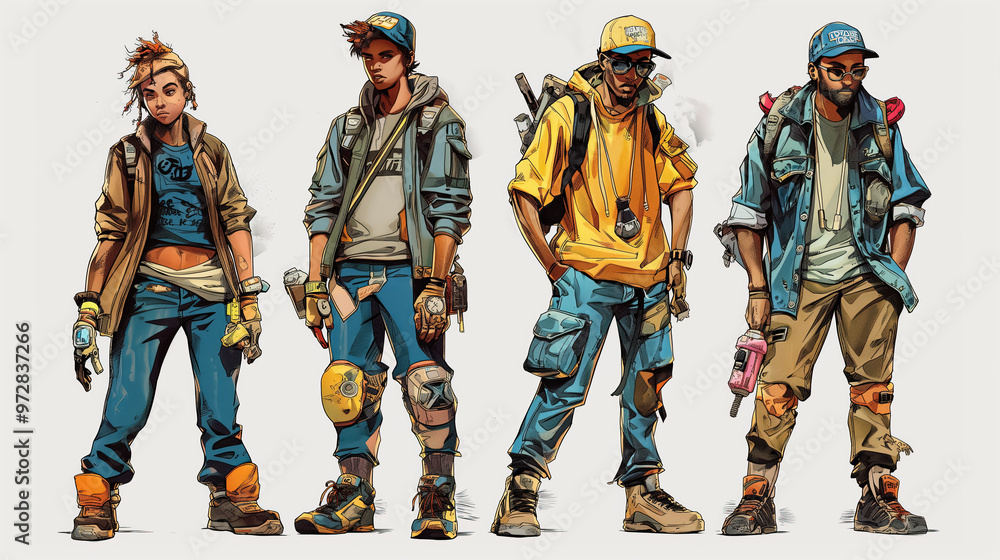 Naklejka premium Group of four urban-styled characters in casual, rugged outfits, conveying a cool and edgy streetwear vibe with accessories like backpacks and gloves.
