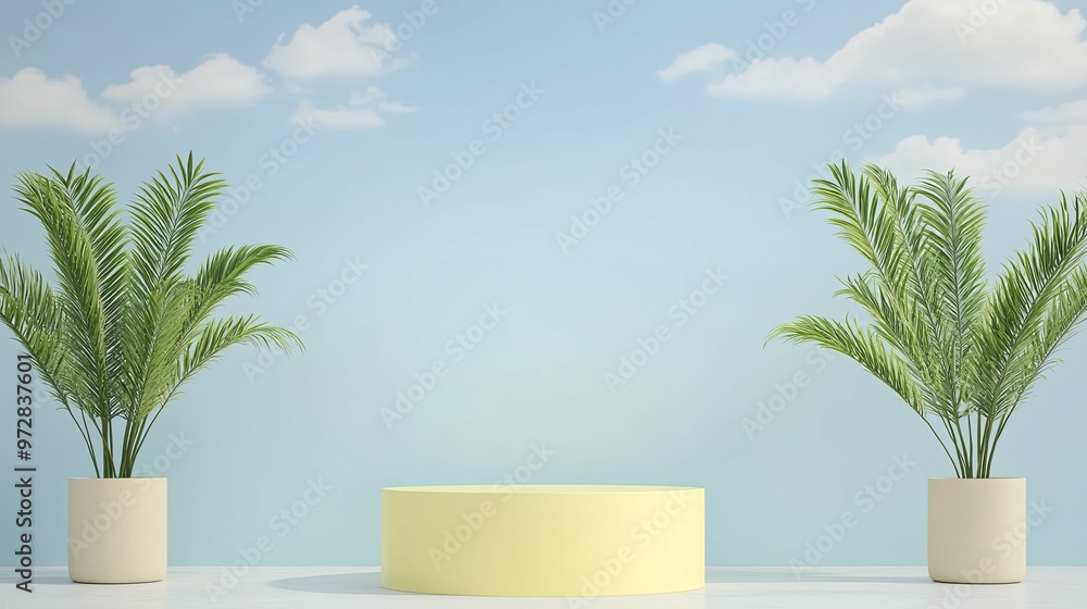 Contemporary Bright Yellow Podium, front view focus, set against a Vibrant Summer Music Festival Background, showcasing an array of dynamic product displays. Contemporary Bright Yellow Podium, front view focus, set against a Vibrant Summer Music Festival Background, showcasing an array of dynamic product displays.