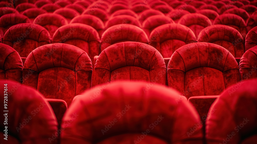 Obraz premium Rows of plush, deep red theater seats create a sense of opulence and anticipation, with the soft texture inviting viewers to take their seats for a performance.