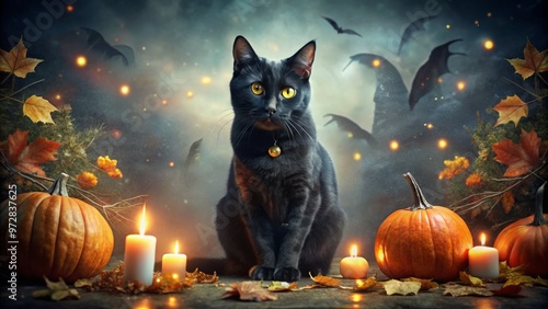 Dark mystical black cat Halloween magic photo