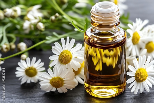 A bottle of chamomile essential oil, surrounded by fresh chamomile flowers, ready to be used for relaxation and aromatherapy