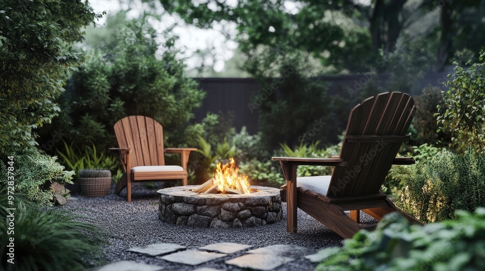 Modern wooden Adirondack chairs with a cozy fire pit and lush greenery Modern wooden Adirondack chairs with a cozy fire pit and lush greenery