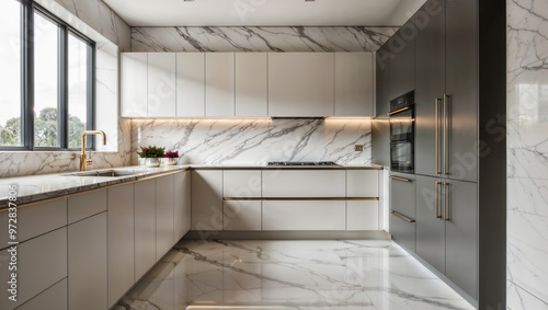 Moderna cucina di lusso con mobili di colore bianco e grigio lucido con dettagli color oro in ottone e ripiani in marmo photo