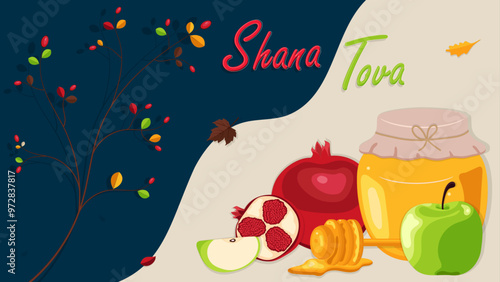 Wallpaper Mural Rosh Hashanah design with pomegranate. Shana Tova poster, vector illustration. Torontodigital.ca