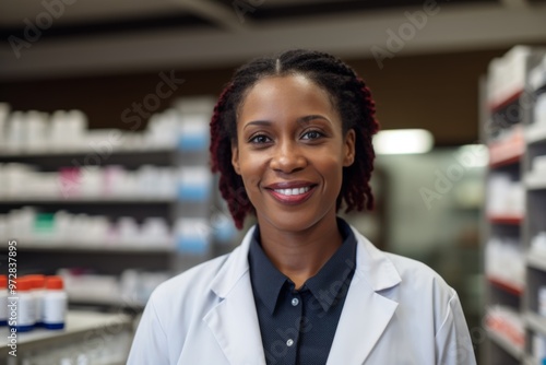 Portrait of a middle aged African American female worker in pharmacy