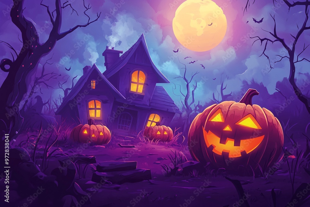 A spooky Halloween night with glowing jack-o’-lanterns and a haunted house under a full moon A spooky Halloween night with glowing jack-o’-lanterns and a haunted house under a full moon