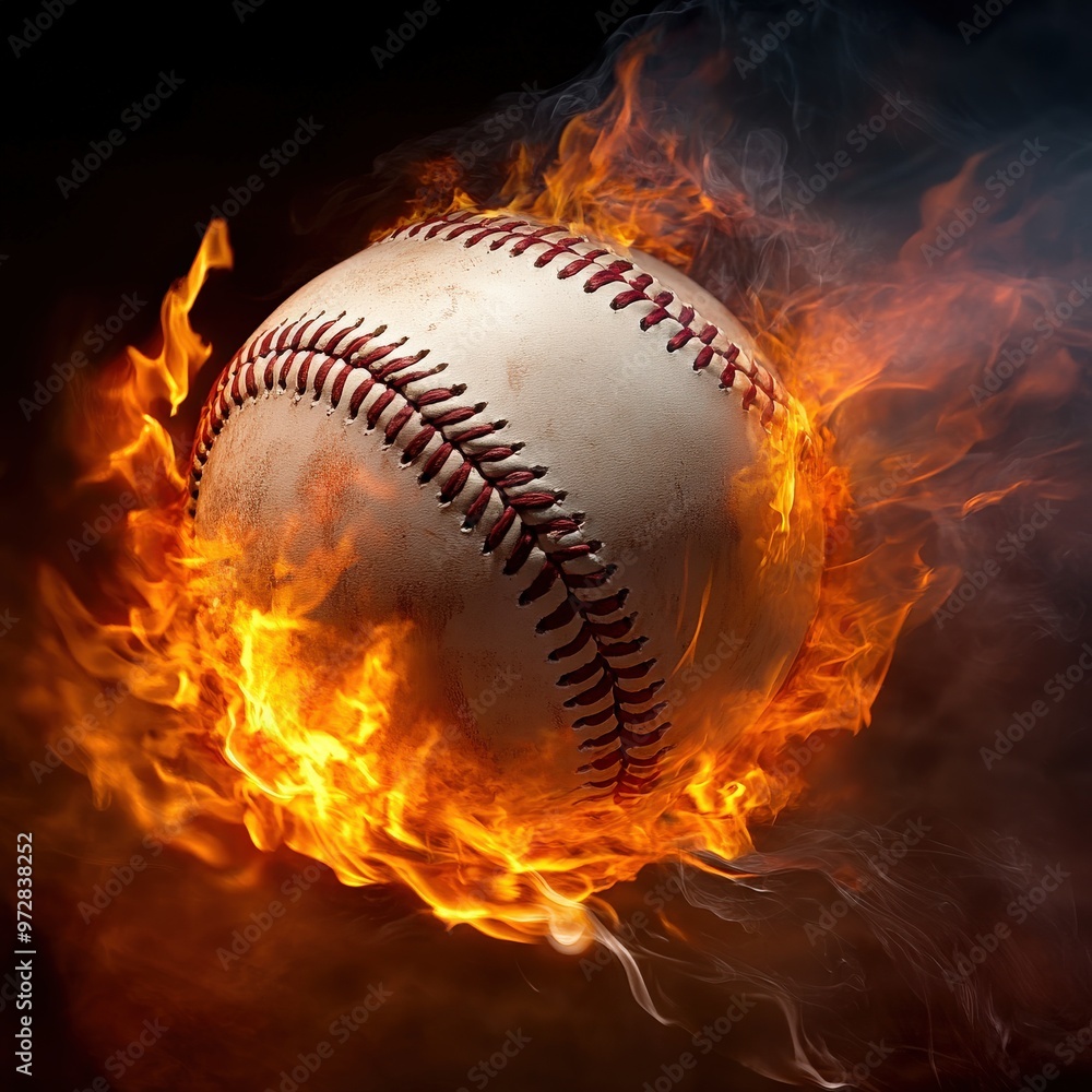 Baseball on fire flying with intense energy Baseball on fire flying with intense energy