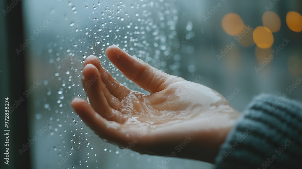 Close-up of a hand wiping raindrops off a window, with a gray, cloudy sky outside, soft focus, cinematic mood, detailed water droplets, watercolor effect Close-up of a hand wiping raindrops off a window, with a gray, cloudy sky outside, soft focus, cinematic mood, detailed water droplets, watercolor effect