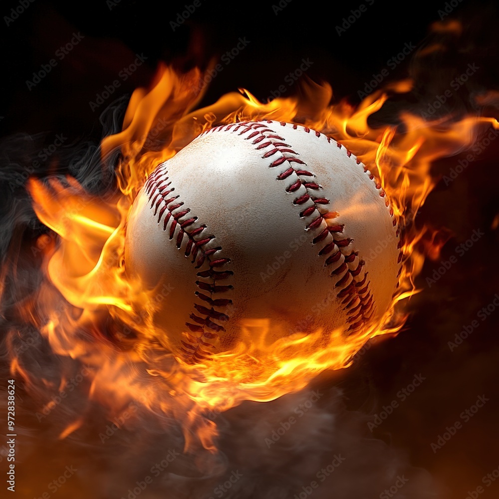Baseball on fire flying with intense energy Baseball on fire flying with intense energy