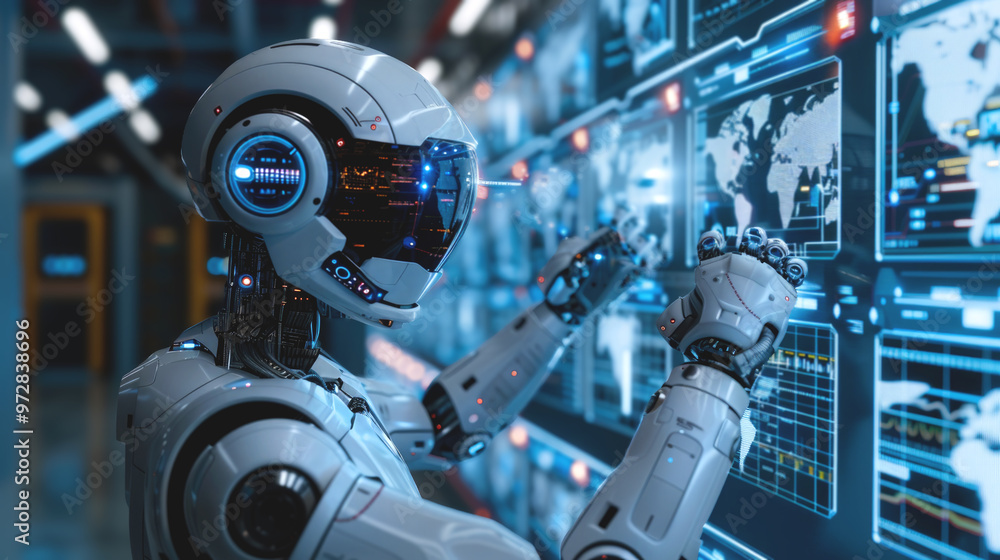 Humanoid robot interacting with a futuristic information screen. Humanoid robot interacting with a futuristic information screen.