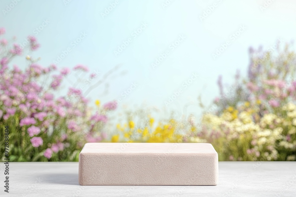 Fototapeta premium Elegant Velvet Podium showcased from the front against a lively spring garden backdrop, enhancing product visibility and charm for a captivating display.