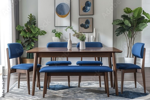 4-piece mid-century modern dining set with blue bench and chairs, solid wood, dark brown finish, light gray background, and gray rug.