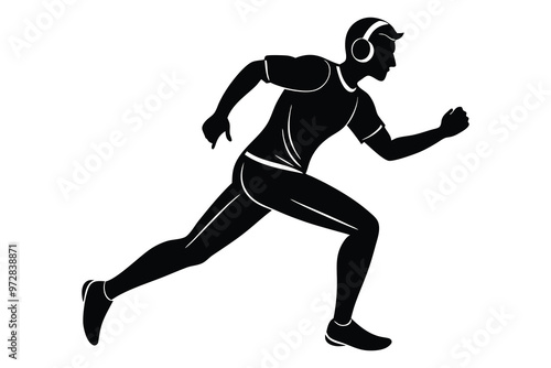 Man Jogging with Headphones Silhouette, Vector Illustration