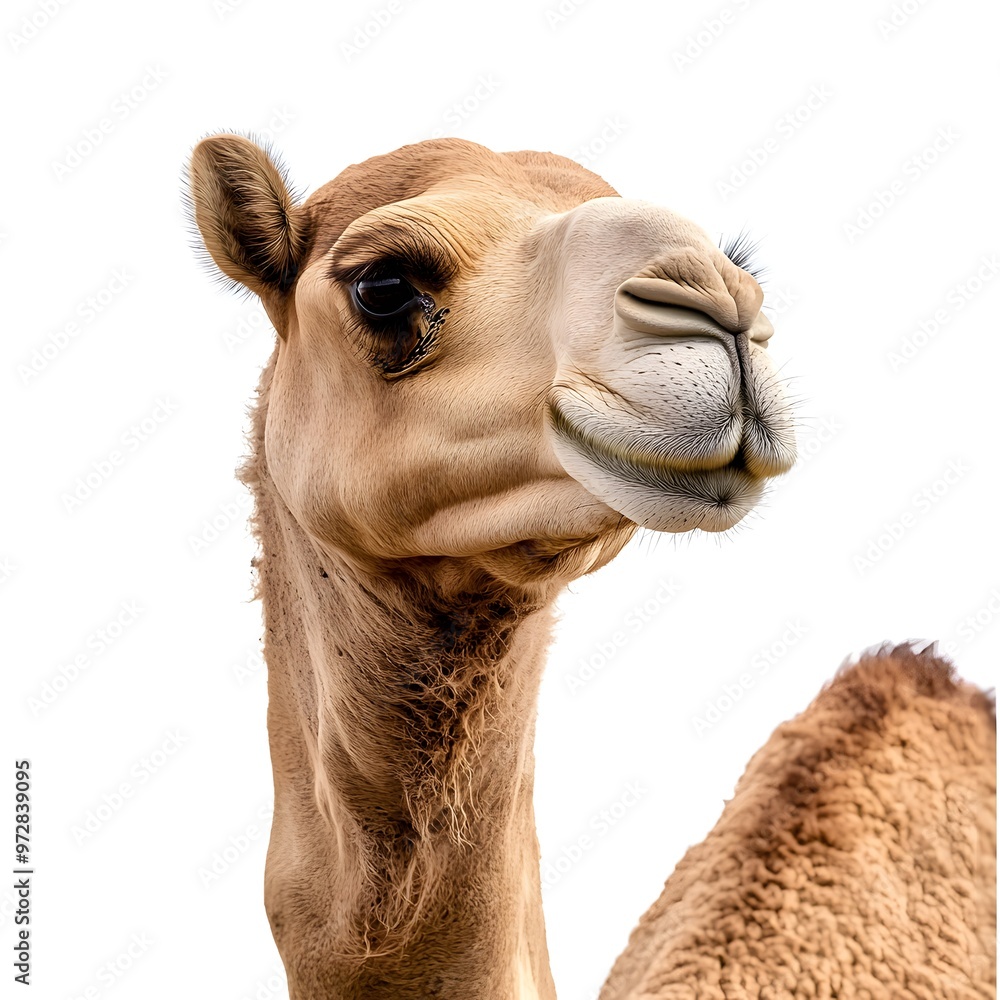 Fototapeta premium Arabian Camel Headshot on White Background - Realistic AI-Generated Full Body Side View HD Image