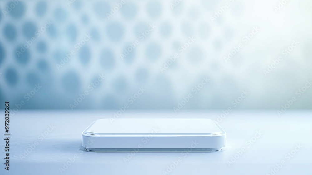 Geometric Acrylic Podium, front view focus, with High-Tech Gadget Expo Background, product displays Geometric Acrylic Podium, front view focus, with High-Tech Gadget Expo Background, product displays