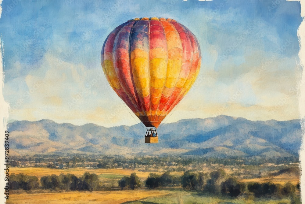 Obraz premium Watercolor Hot Air Balloon Over Fields