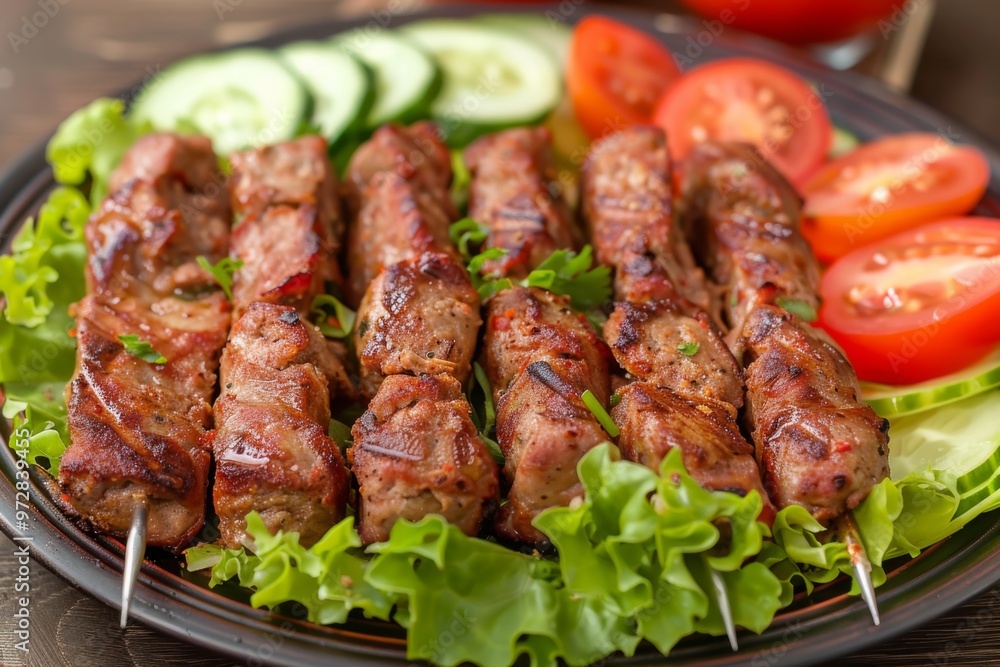 Chapli Kebab: Spicy chapli kebabs served on a bed of lettuce with slices of tomatoes and cucumbers Chapli Kebab: Spicy chapli kebabs served on a bed of lettuce with slices of tomatoes and cucumbers