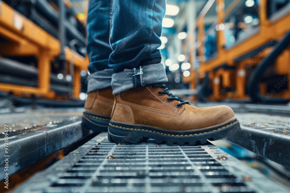 Close up of safety working shoe on worker feet standing in factory Close up of safety working shoe on worker feet standing in factory