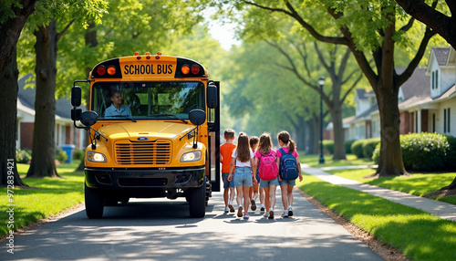 Young elementary students boarding a yellow school bus on a tree-lined suburban road.






 photo