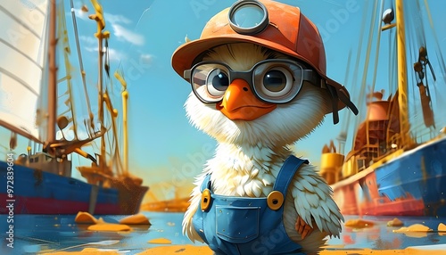 Serious smart baby chick in shipbuilders hat set against an abstract comic backdrop photo