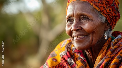 Authentic Kenyan Beauty - Portrait of an Elderly Woman in Traditional Kanga Fabric, Joyful Candid Smile and Natural Charm