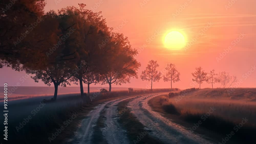 Smoky rural sunset with winding road and tree silhouettes in golden hues Smoky rural sunset with winding road and tree silhouettes in golden hues