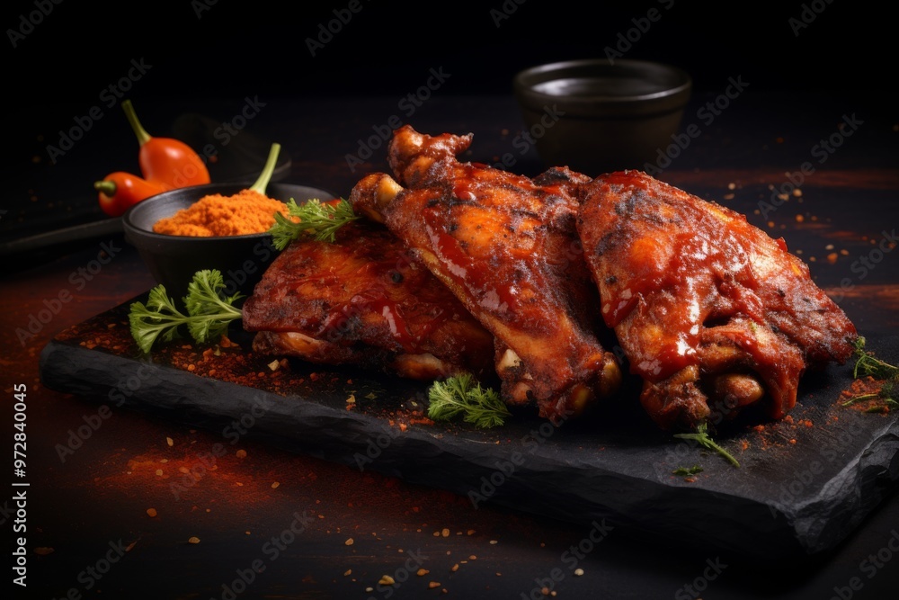 Spicy BBQ chicken wings with seasoning on slate serving board Spicy BBQ chicken wings with seasoning on slate serving board